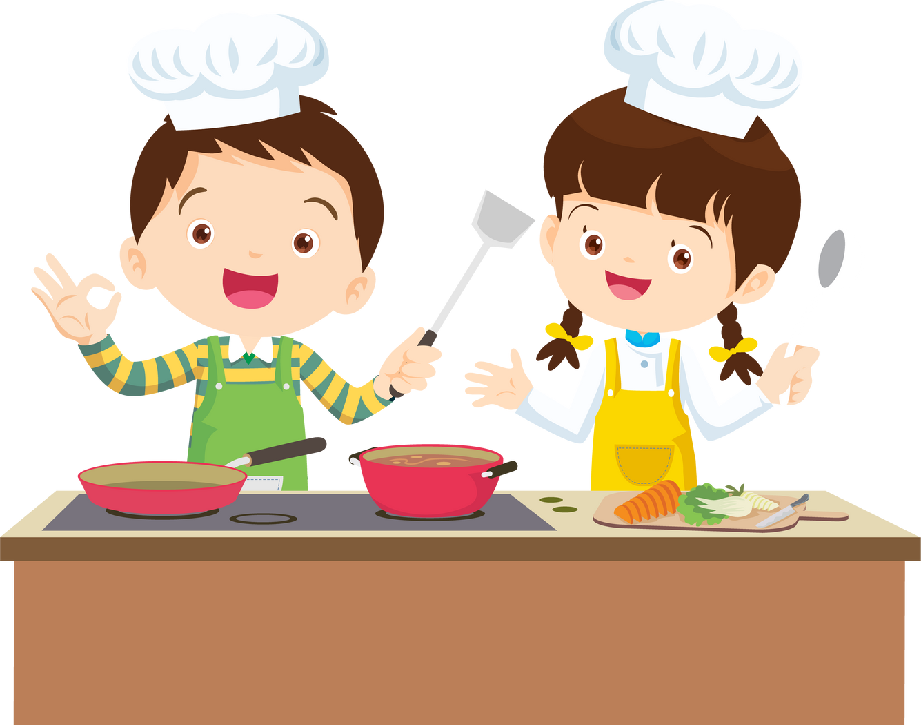 Cute chef Kids Boy and Girl cooking in the kitchen. little chef presenting.