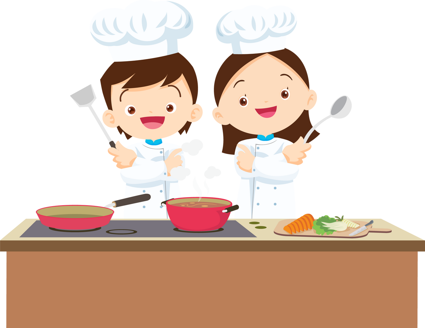 Cute chef Kids Boy and Girl cooking in the kitchen. little chef presenting.