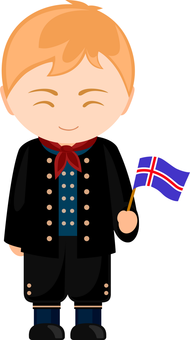 Man in icelandic national costume with flag.