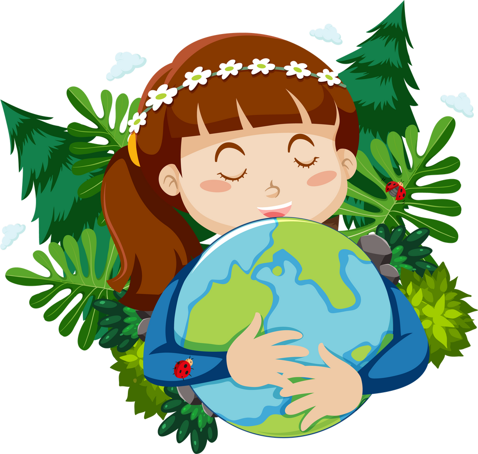 Happy girl hugging small world with leaves in background