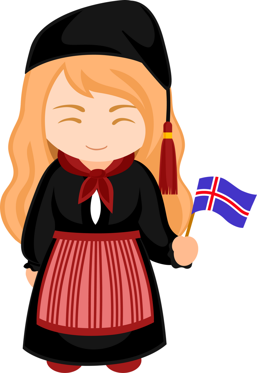 Woman in Iceland ethnic dress with national flag.