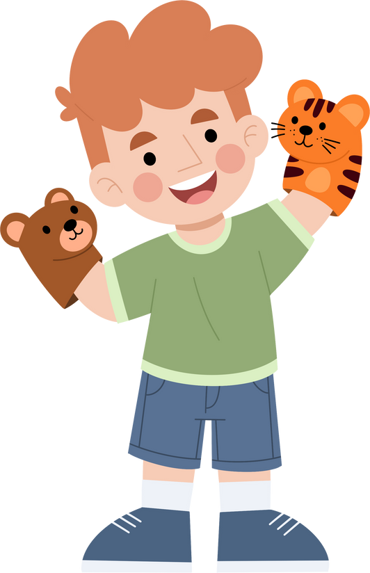 Illustration of cute boy playing hand puppet toy